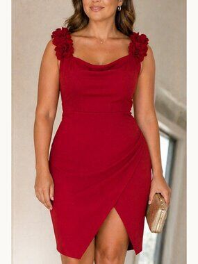 AQUA Red Floral Applique Mini Dress Sheath Scuba Crepe Size 14 NWT Party Ready